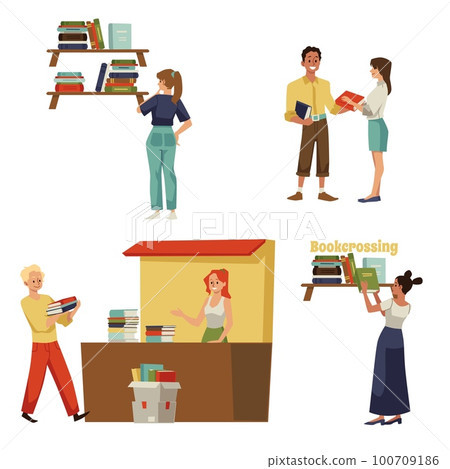 Bookcrossing concept of read books exchange and borrowing, flat vector set. Bookcrossing concept of read books exchange and borrowing, flat vector set. 100709186