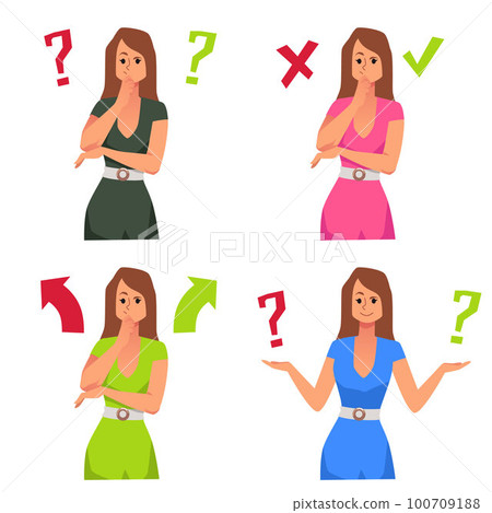 Curious woman thinking and making choice, flat vector illustration isolated on white background. 100709188