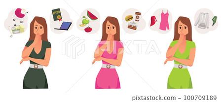 Thoughtful woman choosing between career and family, healthy and junk food, comfy and elegant clothes. 100709189