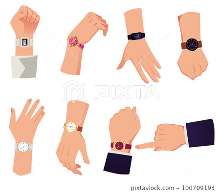 Human hands in wristwatches collection, flat vector illustration isolated. Human hands in wristwatches collection, flat vector illustration isolated. 100709193