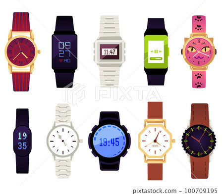 Set of various wrist watches - flat vector illustration isolated on white background. 100709195