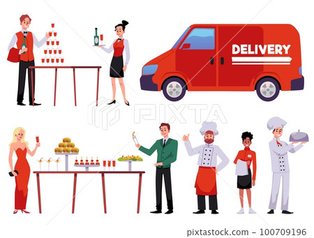 Catering service and food delivery, flat vector illustration isolated on white background. 100709196