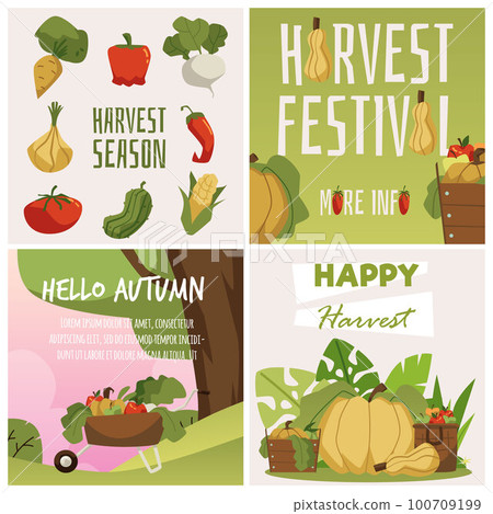 Harvest festival and autumn season greeting posters set, flat vector illustration. Harvest festival and autumn season greeting posters set, flat vector illustration. 100709199