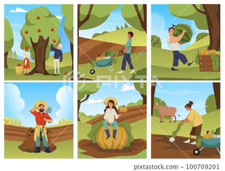 Autumn harvest banners with people work in garden and farm field, flat vector. Autumn harvest banners with people work in garden and farm field, flat vector. 100709201