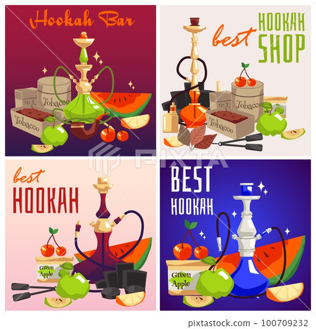 Hookah bar and shop advertising posters set, flat vector illustration. Hookah bar and shop advertising posters set, flat vector illustration. 100709232