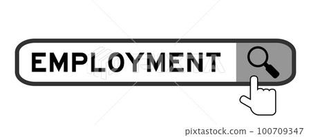 Search banner in word employment with hand over magnifier icon on white background Search banner in word employment with hand over magnifier icon on white background 100709347