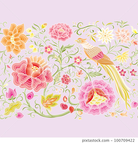 Fantasy flowers and pheasant bird in retro, vintage, chinese silk Fantasy flowers and pheasant bird in retro, vintage, chinese silk 100709422