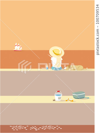 男孩和狗在日落時分在防波堤上釣魚 100709534