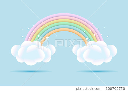 3d baby shower, rainbow with clouds and stars on a pale blue background, childish design in pastel colors. Background, illustration, vector. 100709750
