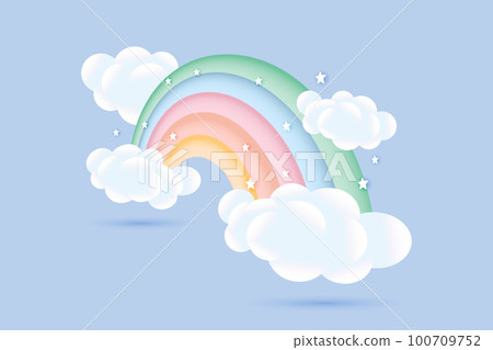 3d baby shower, rainbow with clouds and stars on a pale blue background, childish design in pastel colors. Background, illustration, vector. 100709752