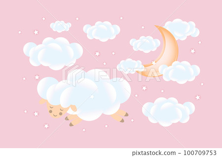 3D baby shower. Sheep sleep on a cloud with a growing moon with clouds on a pink background. Children's design in pastel colors. Background, illustration, vector. 100709753