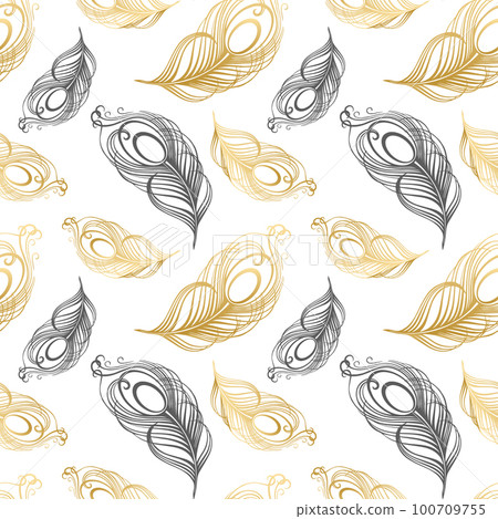 Seamless pattern, hand drawn peacock feathers on a white background. Background, print, elegant textile, vector 100709755