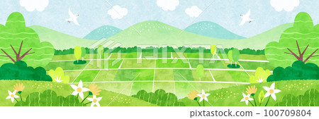 Rural landscape with a field, watercolor illustration full of nature Rural landscape with a field, watercolor illustration full of nature 100709804