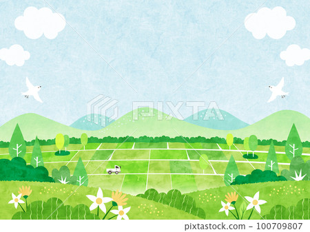有田野的鄉村風景，充滿自然的水彩背景圖 100709807