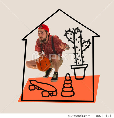 Conceptual collage with emotional young man sitting at imaginary children's house among his kids toys. Concept of adult infantilism, comfort zone, fears, mental health Conceptual collage with emotional young man sitting at imaginary children's house among his kids toys. Concept of adult infantilism, comfort zone, fears, mental health 100710171