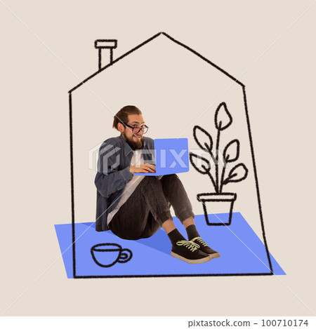 Conceptual collage with happy young man sitting at imaginary children's house. Concept of adult infantilism, comfort zone, fears, mental health 100710174