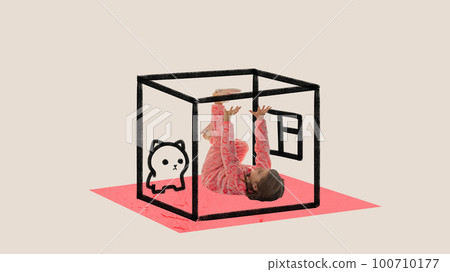 Conceptual art collage of little cute girl wearing pink pajamas, laying at tiny sketch box and feeling pressure. Concept of inner world, dreams, child psychology Conceptual art collage of little cute girl wearing pink pajamas, laying at tiny sketch box and feeling pressure. Concept of inner world, dreams, child psychology 100710177