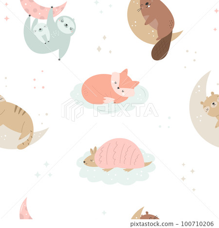 Seamless pattern with cute sleeping animals in pastel colors for prints, kids clothing, decorations, nursery 100710206