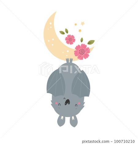 Little cute bat sleeping hanging on the moon. Adorable animal vector design, illustration Little cute bat sleeping hanging on the moon. Adorable animal vector design, illustration 100710210