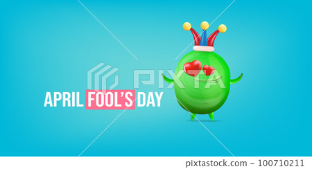 April Fools day funky horizontal banner with silly green clown monster character isolated on blue background. 1 st april fool day banner, poster, label, flyer and greeting card. Fool day print April Fools day funky horizontal banner with silly green clown monster character isolated on blue background. 1 st april fool day banner, poster, label, flyer and greeting card. Fool day print 100710211