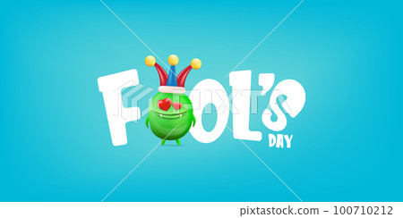 April Fools day funky horizontal banner with silly green clown monster character isolated on blue background. 1 st april fool day banner, poster, label, flyer and greeting card. Fool day print 100710212