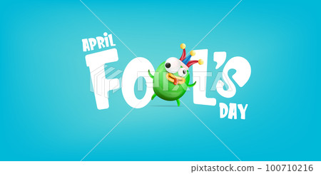 April Fools day funky horizontal banner with silly green clown monster character isolated on blue background. 1 st april fool day banner, poster, label, flyer and greeting card. Fool day print 100710216