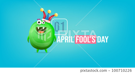April Fools day funky horizontal banner with silly green clown monster character isolated on blue background. 1 st april fool day banner, poster, label, flyer and greeting card. Fool day print 100710226
