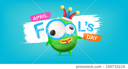 April Fools day funky horizontal banner with silly green clown monster character isolated on blue background. 1 st april fool day banner, poster, label, flyer and greeting card. Fool day print 100710228