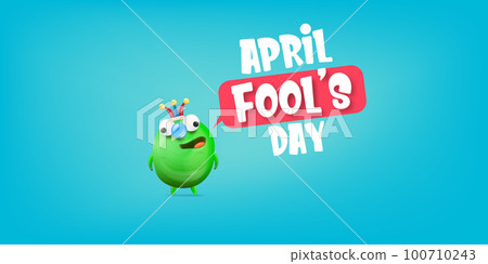 April Fools day funky horizontal banner with silly green clown monster character isolated on blue background. 1 st april fool day banner, poster, label, flyer and greeting card. Fool day print April Fools day funky horizontal banner with silly green clown monster character isolated on blue background. 1 st april fool day banner, poster, label, flyer and greeting card. Fool day print 100710243