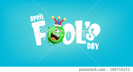 April Fools day funky horizontal banner with silly green clown monster character isolated on blue background. 1 st april fool day banner, poster, label, flyer and greeting card. Fool day print 100710252