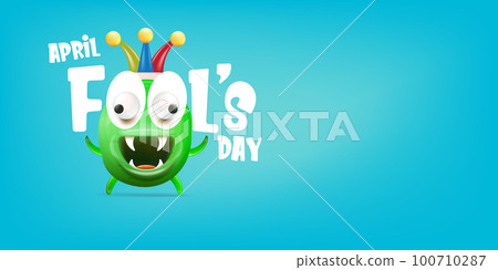 April Fools day funky horizontal banner with silly green clown monster character isolated on blue background. 1 st april fool day banner, poster, label, flyer and greeting card. Fool day print 100710287