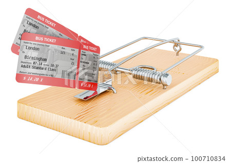Bus tickets inside mousetrap. 3D rendering Bus tickets inside mousetrap. 3D rendering 100710834
