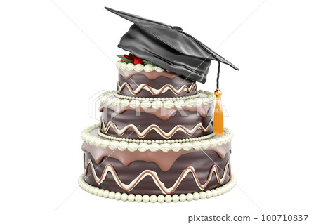 Chocolate Birthday Cake with education hat. 3D rendering 100710837