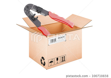 Crimper, crimp tool inside cardboard box, delivery concept. 3D rendering Crimper, crimp tool inside cardboard box, delivery concept. 3D rendering 100710838