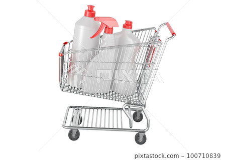 Detergent, cleaning products inside shopping cart, 3D rendering Detergent, cleaning products inside shopping cart, 3D rendering 100710839