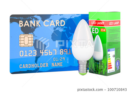Energy savings LED lamp with credit card. Saving energy consumption concept. 3D rendering 100710843