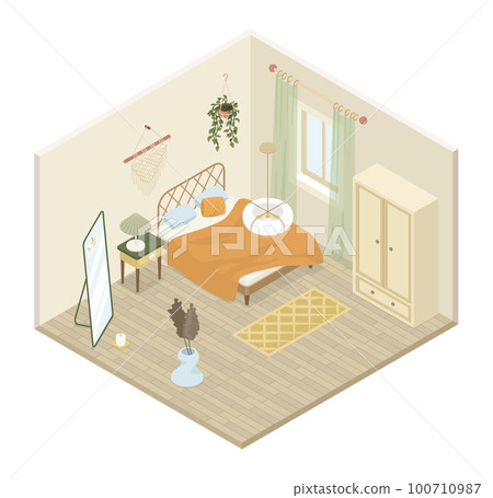 Cozy bedroom - modern vector colorful isometric illustration 100710987