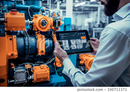 Industry 4.0 Robot concept .Engineers use tablet computer for machine maintenance, automation tools, robot arm at the factory. Industry 4.0 Robot concept .Engineers use tablet computer for machine maintenance, automation tools, robot arm at the factory. 100711371