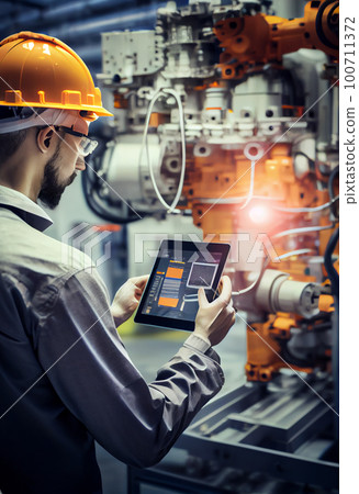 Industry 4.0 Robot concept .Engineers use tablet computer for machine maintenance, automation tools, robot arm at the factory. Industry 4.0 Robot concept .Engineers use tablet computer for machine maintenance, automation tools, robot arm at the factory. 100711372