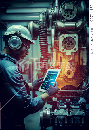 Industry 4.0 Robot concept .Engineers use tablet computer for machine maintenance, automation tools, robot arm at the factory. Industry 4.0 Robot concept .Engineers use tablet computer for machine maintenance, automation tools, robot arm at the factory. 100711373