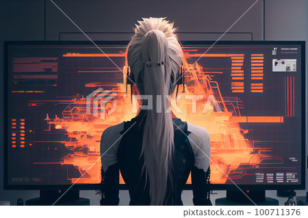 view from back to female student sitting at desk in front of monitor. view from back to female student sitting at desk in front of monitor. 100711376