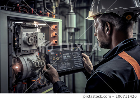 Industry 4.0 Robot concept .Engineers use tablet computer for machine maintenance, automation tools, robot arm at the factory. Industry 4.0 Robot concept .Engineers use tablet computer for machine maintenance, automation tools, robot arm at the factory. 100711426