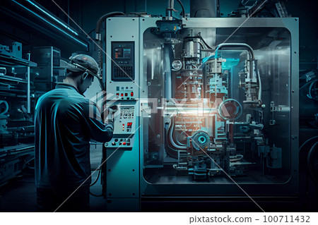 Industry 4.0 Robot concept .Engineers use tablet computer for machine maintenance, automation tools, robot arm at the factory. 100711432