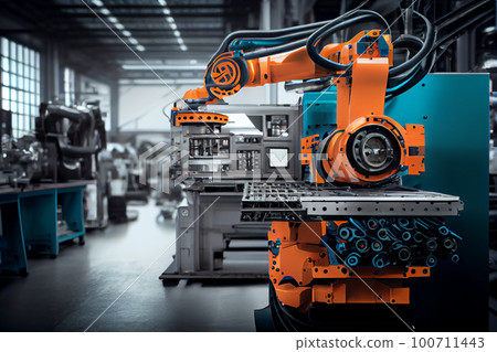 Industry 4.0 Robot concept .Engineers use tablet computer for machine maintenance, automation tools, robot arm at the factory. 100711443