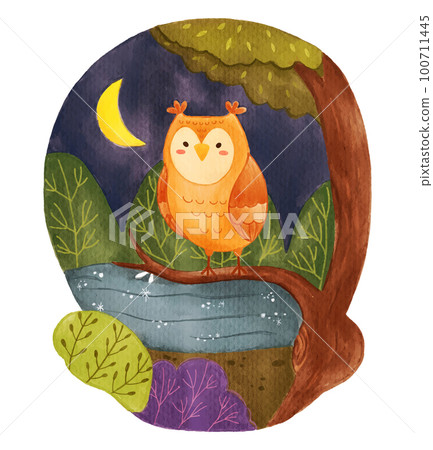 Owl bird on tree in forest at night . Realistic watercolor paint with paper textured . Cartoon character design . Vector . Owl bird on tree in forest at night . Realistic watercolor paint with paper textured . Cartoon character design . Vector . 100711445