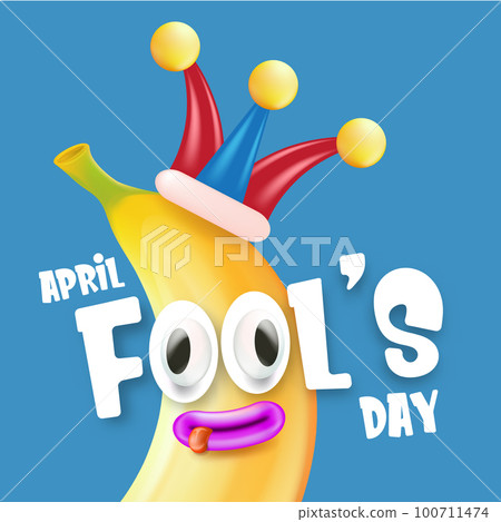 April Fools day funky square banner with silly banana character isolated on blue background. 1 st april fool day banner, poster, label, flyer and greeting card April Fools day funky square banner with silly banana character isolated on blue background. 1 st april fool day banner, poster, label, flyer and greeting card 100711474