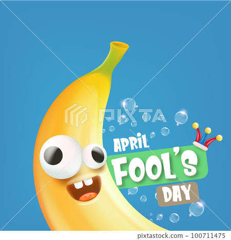 April Fools day funky square banner with silly banana character isolated on blue background. 1 st april fool day banner, poster, label, flyer and greeting card April Fools day funky square banner with silly banana character isolated on blue background. 1 st april fool day banner, poster, label, flyer and greeting card 100711475
