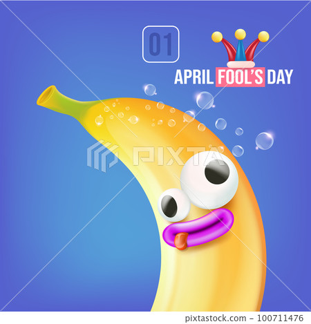 April Fools day funky square banner with silly banana character isolated on blue background. 1 st april fool day banner, poster, label, flyer and greeting card 100711476