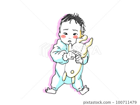 Baby hugging a stuffed rabbit Baby hugging a stuffed rabbit 100711479