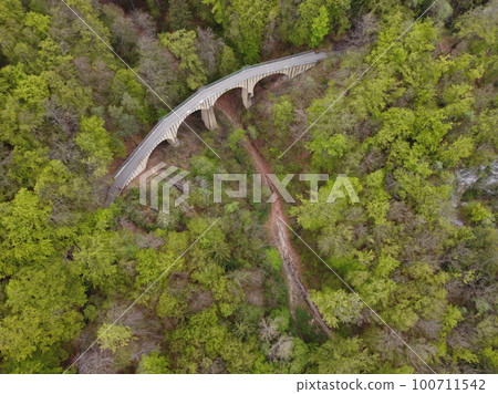 areial view of an old suspension bridge in forest Germany. 100711542